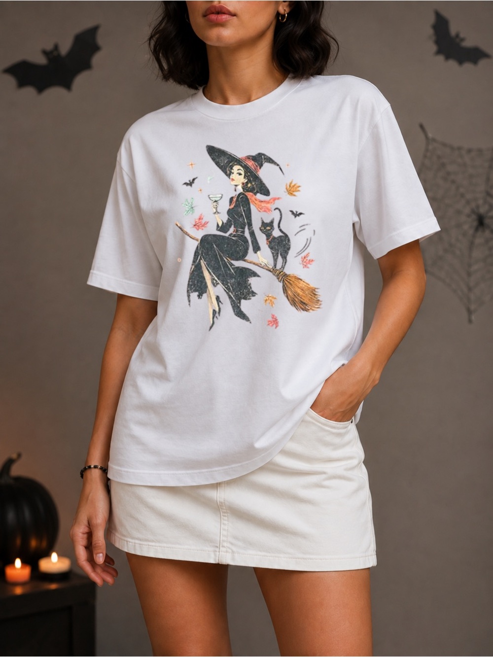 Witch And Black Cat Halloween Tee Spooky Fall Unisex T-Shirt